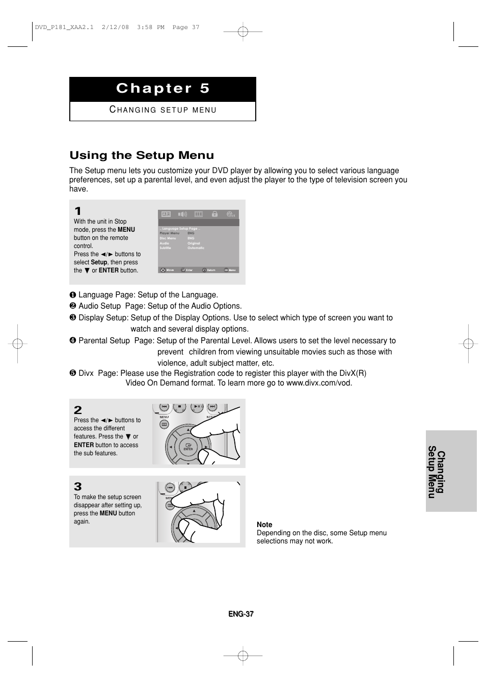 Using the setup menu, Changing setup menu | Samsung DVD-P181 User Manual | Page 37 / 55