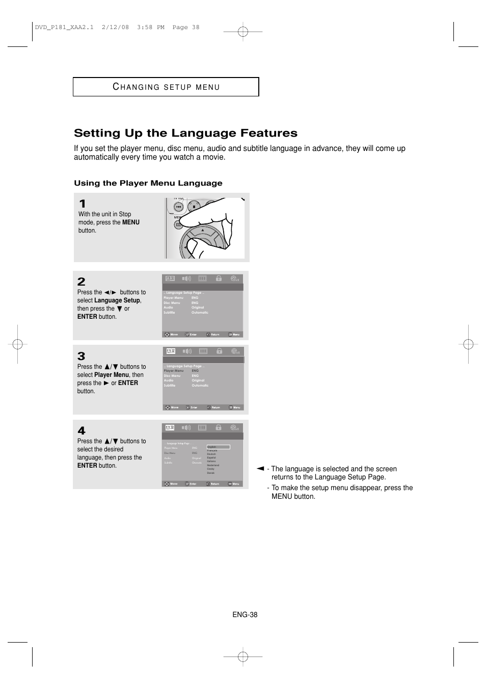 Setting up the language features, Eng-38, Using the player menu language | Samsung DVD-P181 User Manual | Page 38 / 55