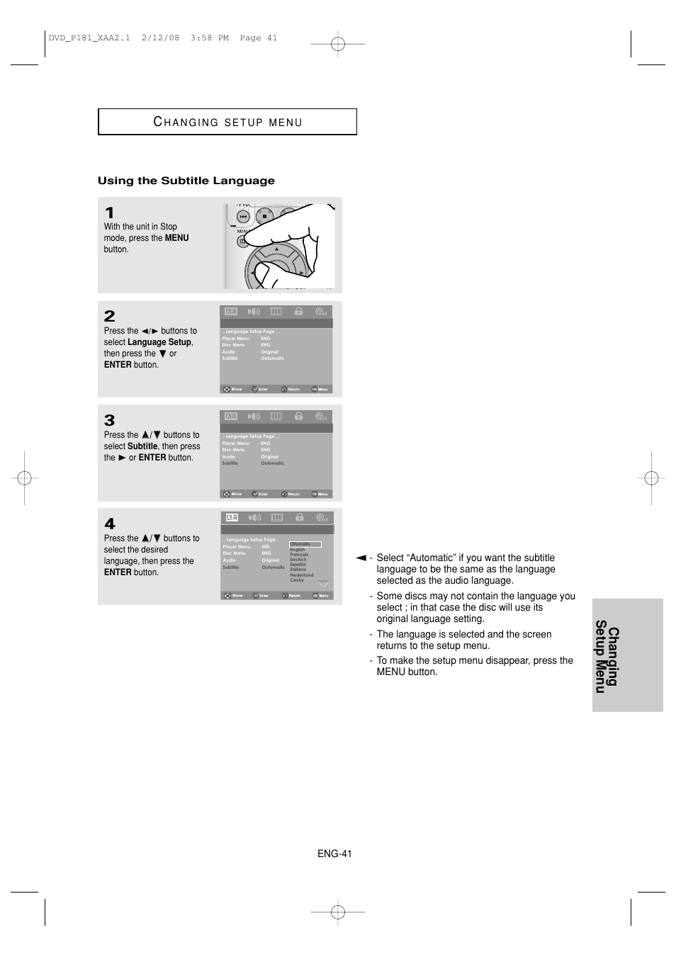 Changing setup menu c | Samsung DVD-P181 User Manual | Page 41 / 55