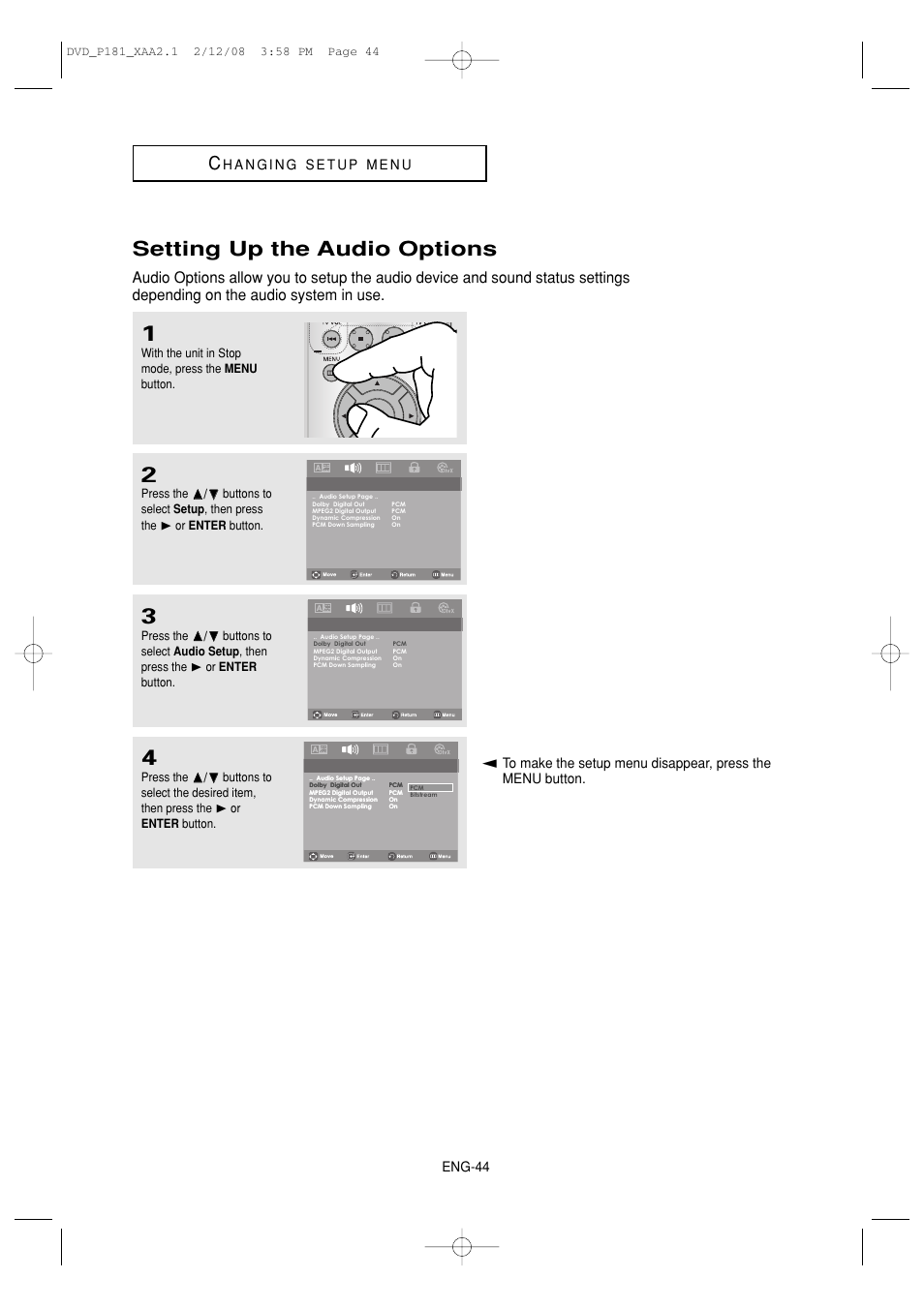 Setting up the audio options, Eng-44 | Samsung DVD-P181 User Manual | Page 44 / 55