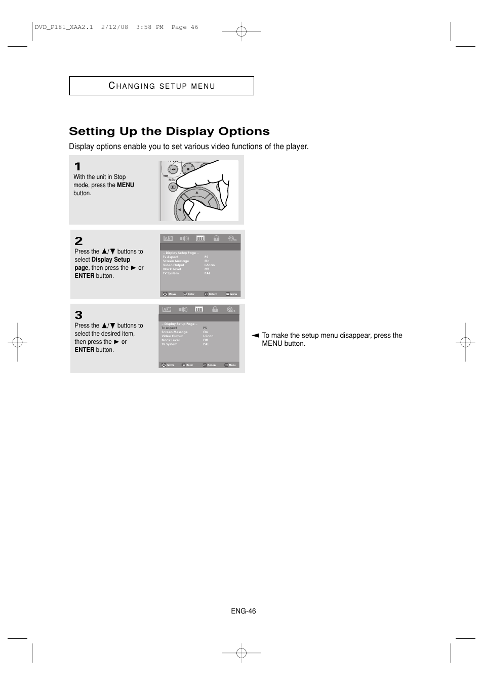 Setting up the display options | Samsung DVD-P181 User Manual | Page 46 / 55