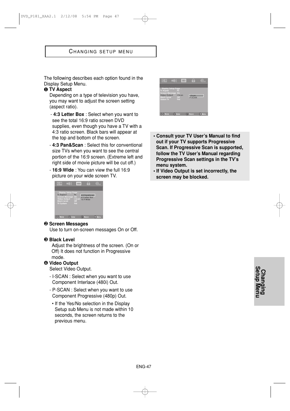 Changing setup menu | Samsung DVD-P181 User Manual | Page 47 / 55