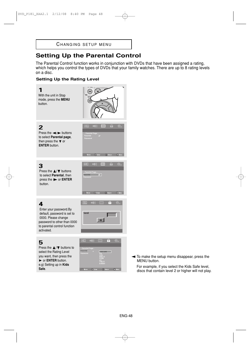 Setting up the parental control | Samsung DVD-P181 User Manual | Page 48 / 55