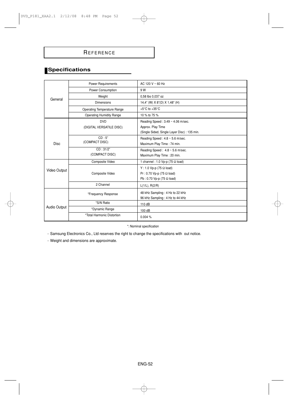 Specifications | Samsung DVD-P181 User Manual | Page 52 / 55