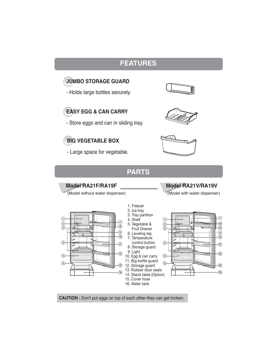 Part, Installing the appliance, Features part features | Parts | Samsung RA21F/RA21V User Manual | Page 2 / 8