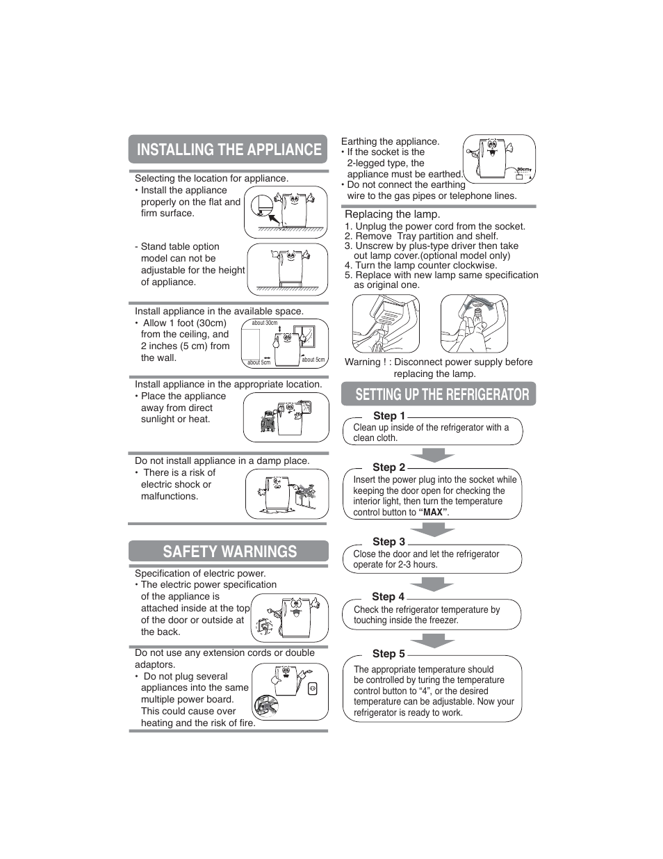Safety warnings, Setting up the refrigerator, Proper disposal of the refrigerator | Installing the appliance | Samsung RA21F/RA21V User Manual | Page 3 / 8