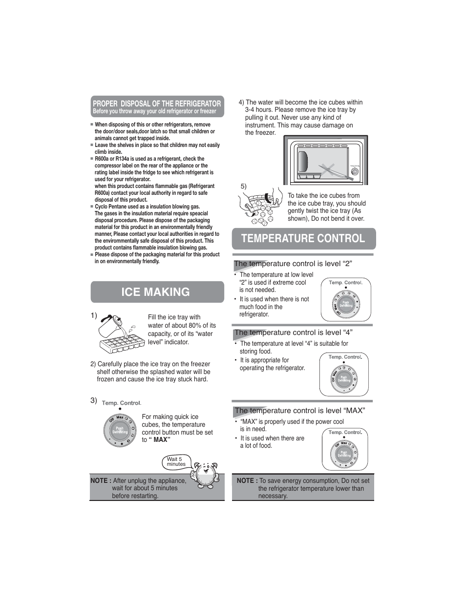 Ice making, Temperature control, Defrosting | Ice making temperature control, Proper disposal of the refrigerator | Samsung RA21F/RA21V User Manual | Page 4 / 8