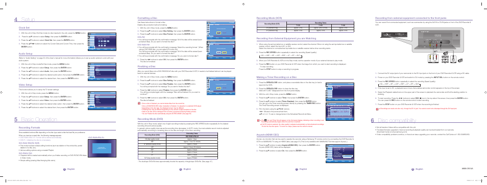 Setup, Basic operation, Disc compatibility | Clock set, Audio setup, Video setup, Recording formats, Formatting a disc, Finalizing a disc, Recording mode (dvd) | Samsung DVD-VR375 User Manual | Page 2 / 2