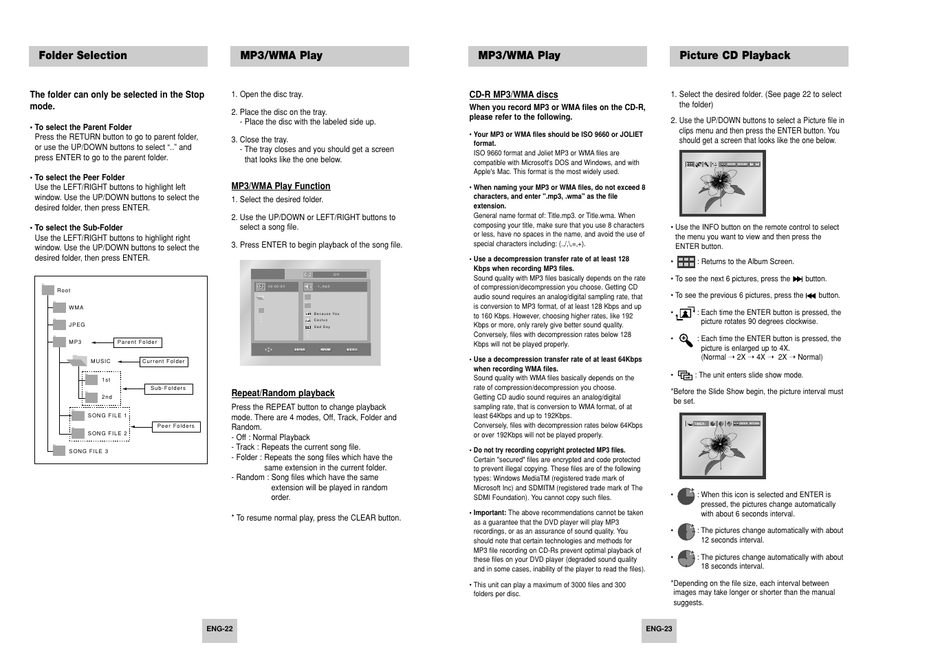 Folder selection, Mp3/wma play, Picture cd playback | Samsung DVD-P147 User Manual | Page 12 / 18