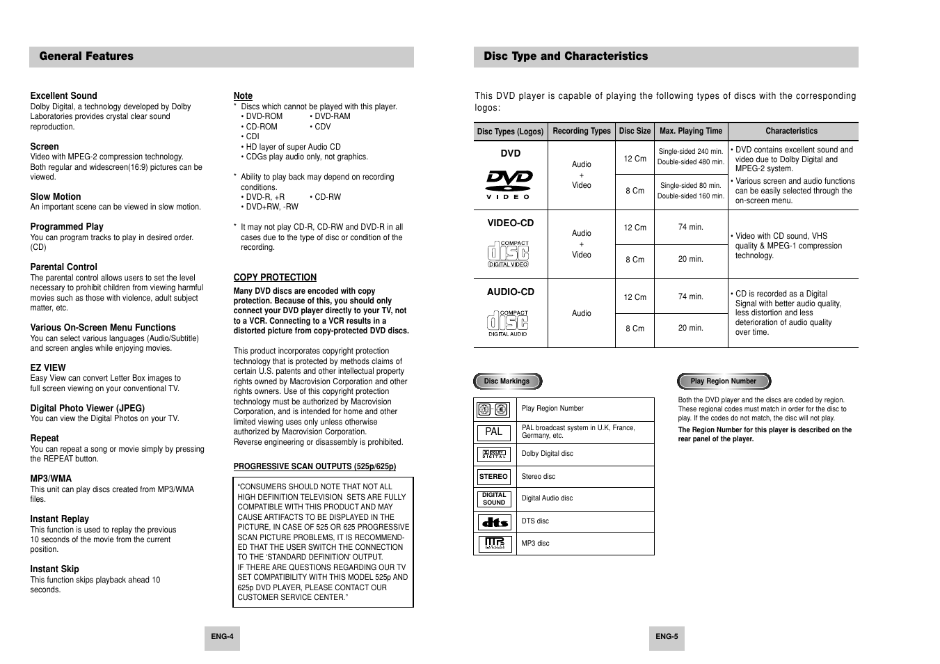 General features, Disc type and characteristics | Samsung DVD-P147 User Manual | Page 3 / 18
