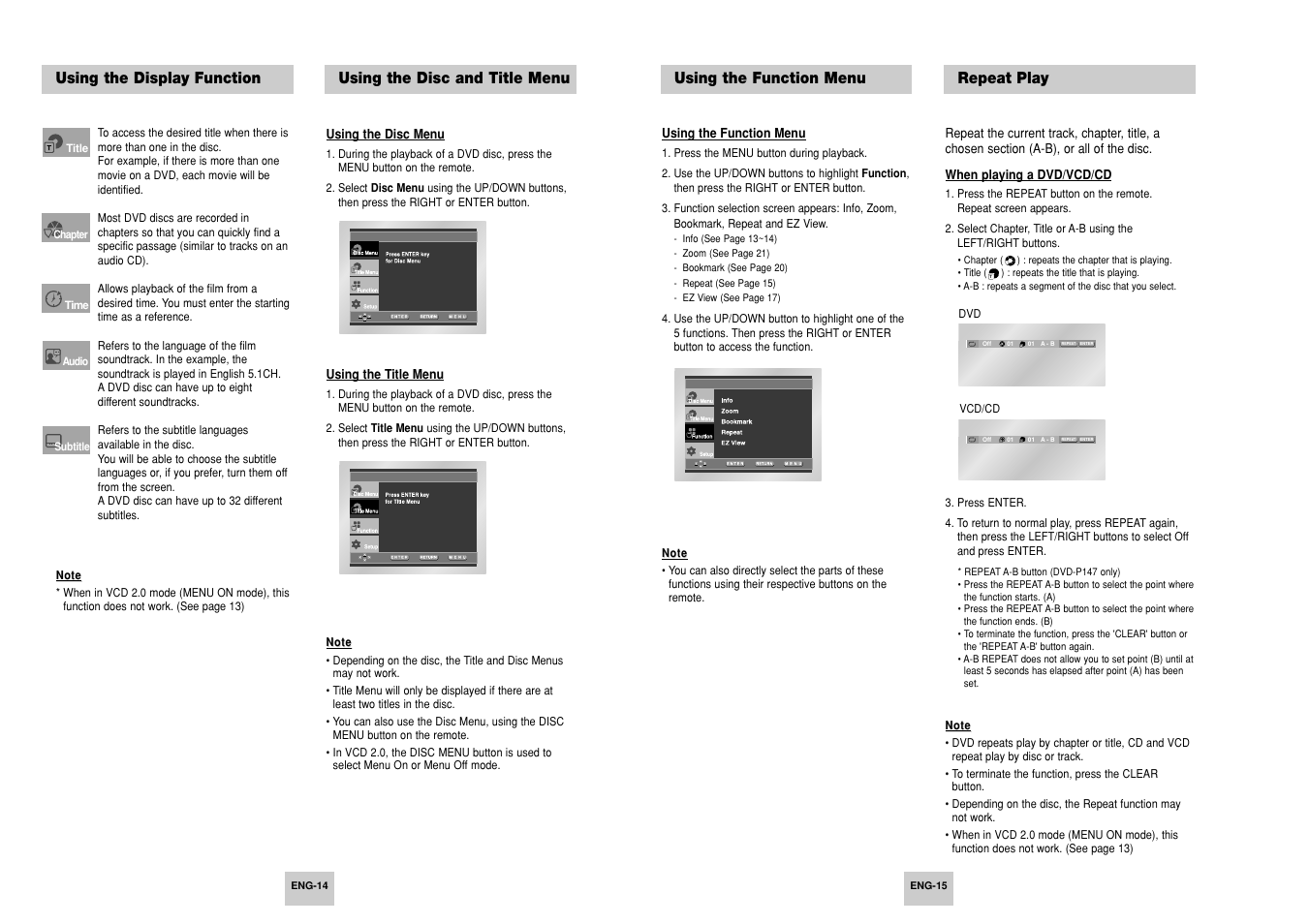 Using the display function, Using the disc and title menu, Using the function menu | Repeat play | Samsung DVD-P147 User Manual | Page 8 / 18