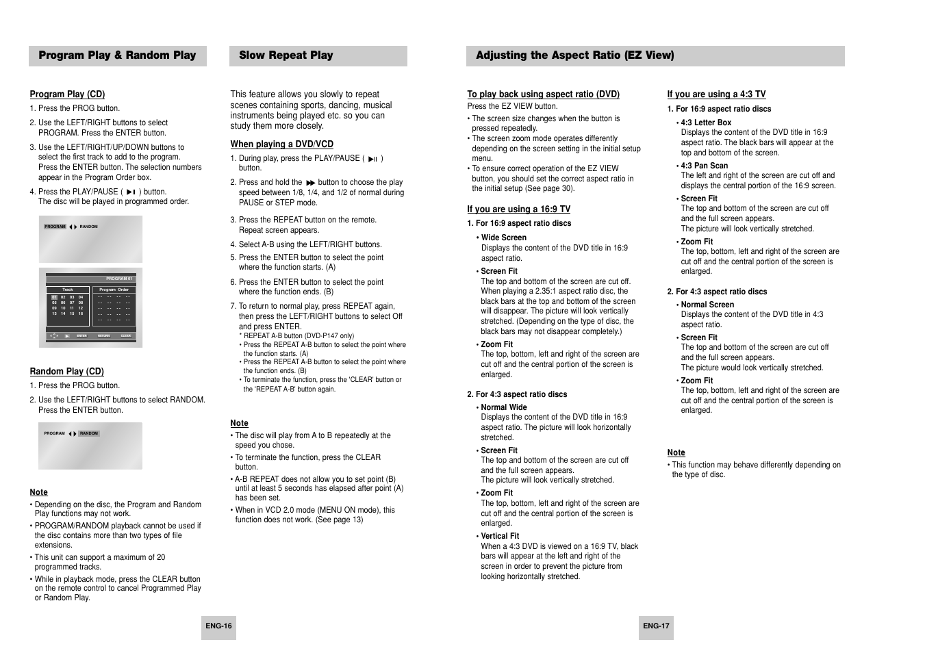 Program play & random play, Slow repeat play, Adjusting the aspect ratio (ez view) | Samsung DVD-P147 User Manual | Page 9 / 18