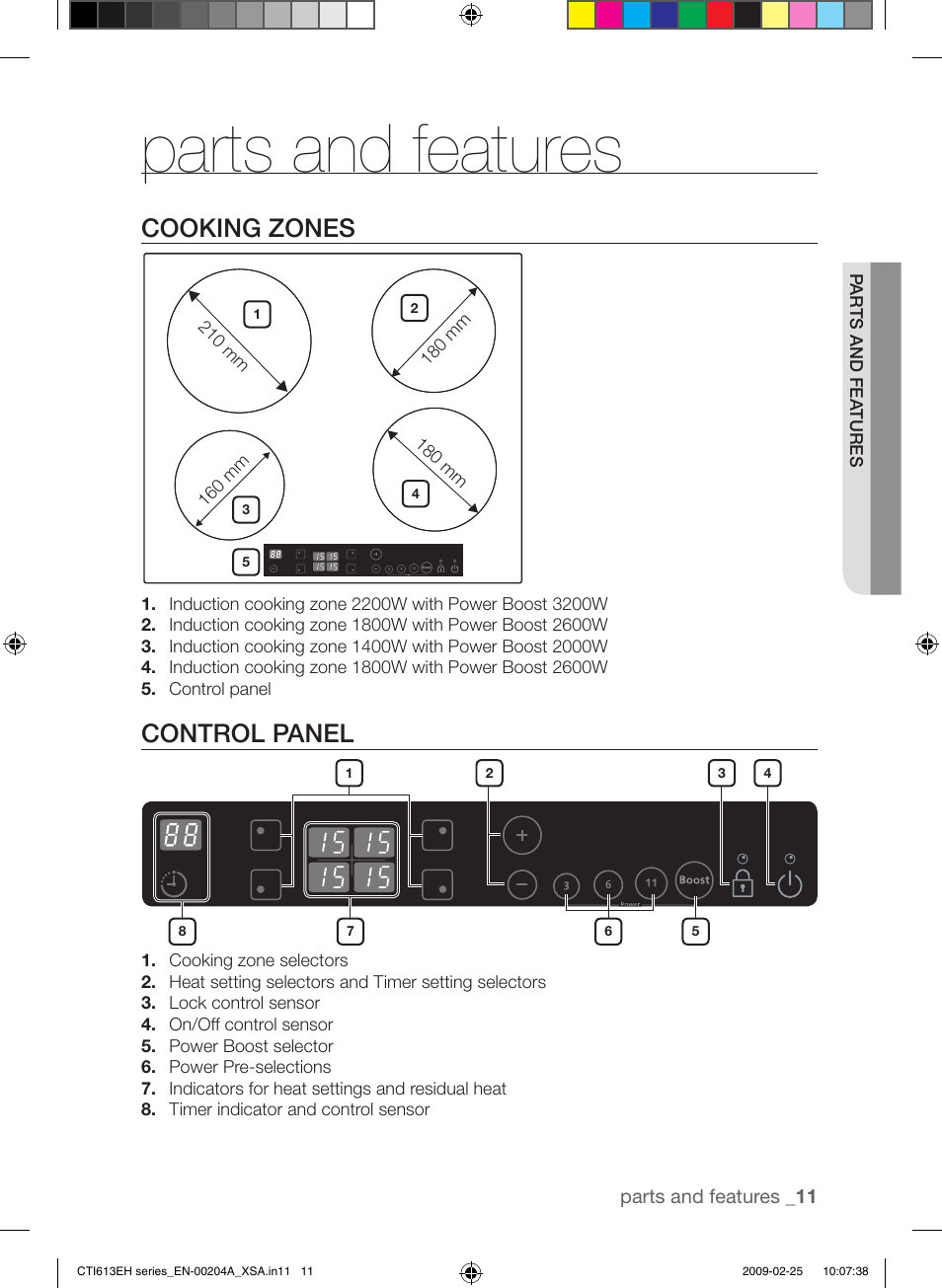 Parts and features, Cooking zones, Control panel | Samsung CTI613EH User Manual | Page 11 / 28