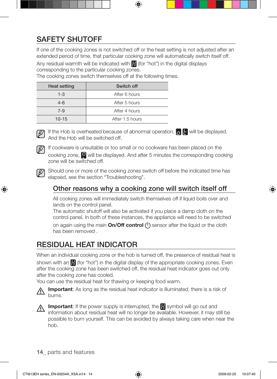 Safety shutoff, Residual heat indicator | Samsung CTI613EH User Manual | Page 14 / 28