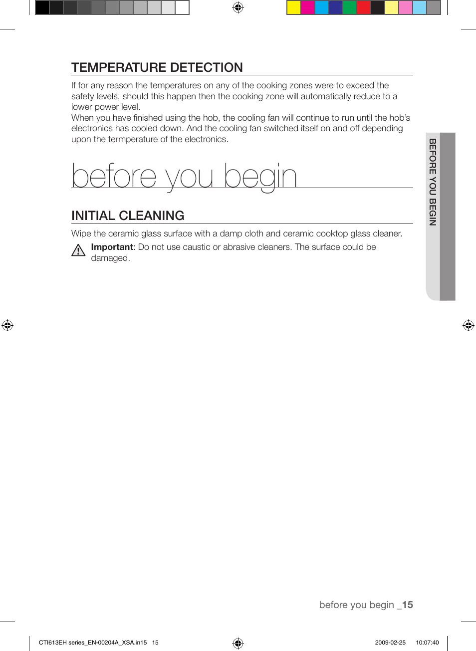 Before you begin, Temperature detection, Initial cleaning | Samsung CTI613EH User Manual | Page 15 / 28