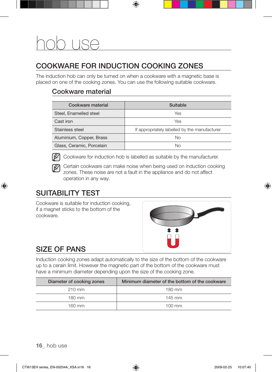 Hob use, Cookware for induction cooking zones, Suitability test | Size of pans, Cookware material | Samsung CTI613EH User Manual | Page 16 / 28
