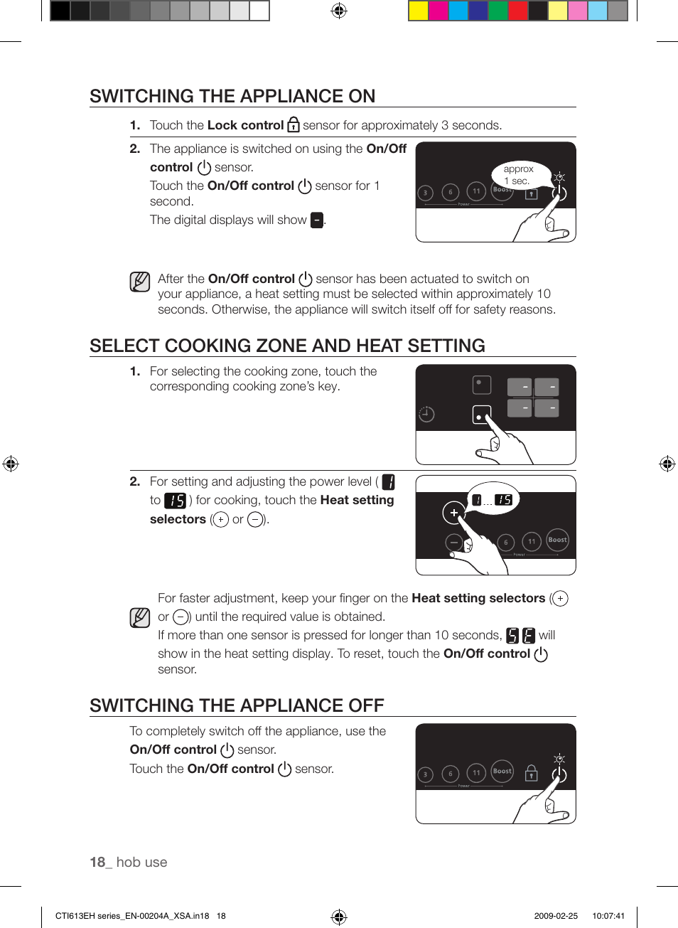 Switching the appliance on, Select cooking zone and heat setting, Switching the appliance off | Samsung CTI613EH User Manual | Page 18 / 28