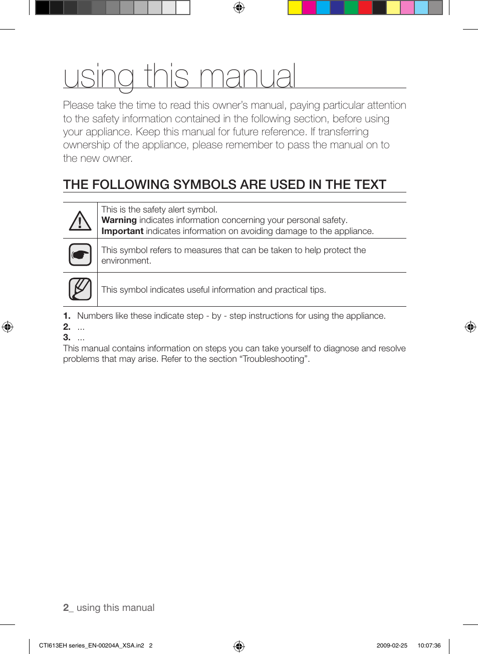 Using this manual, The following symbols are used in the text | Samsung CTI613EH User Manual | Page 2 / 28