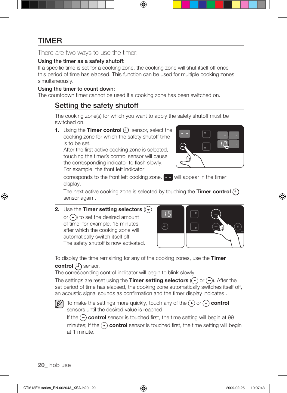 Timer, Setting the safety shutoff, There are two ways to use the timer | Samsung CTI613EH User Manual | Page 20 / 28