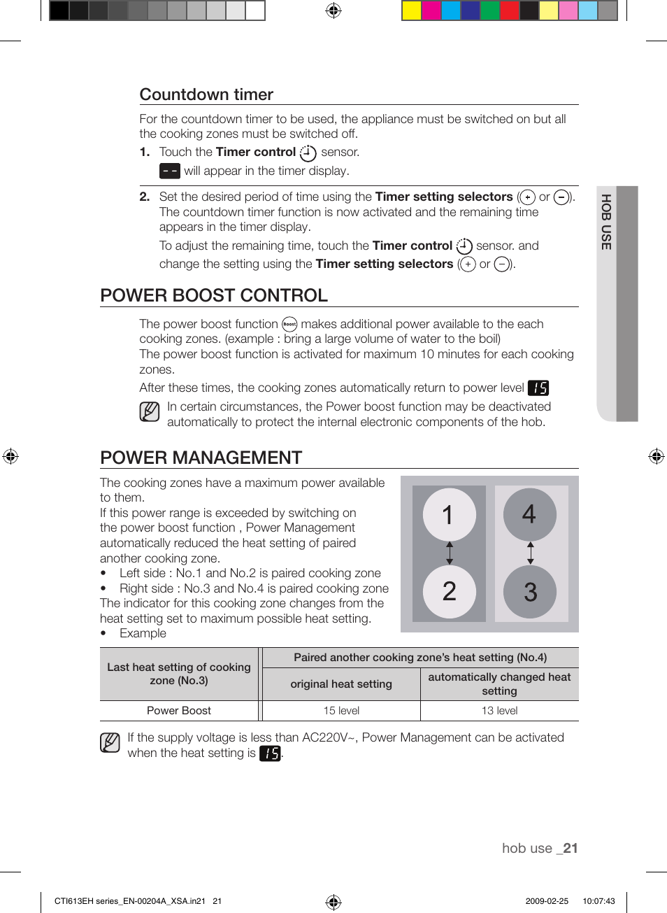 Power boost control, Power management, Countdown timer | Samsung CTI613EH User Manual | Page 21 / 28