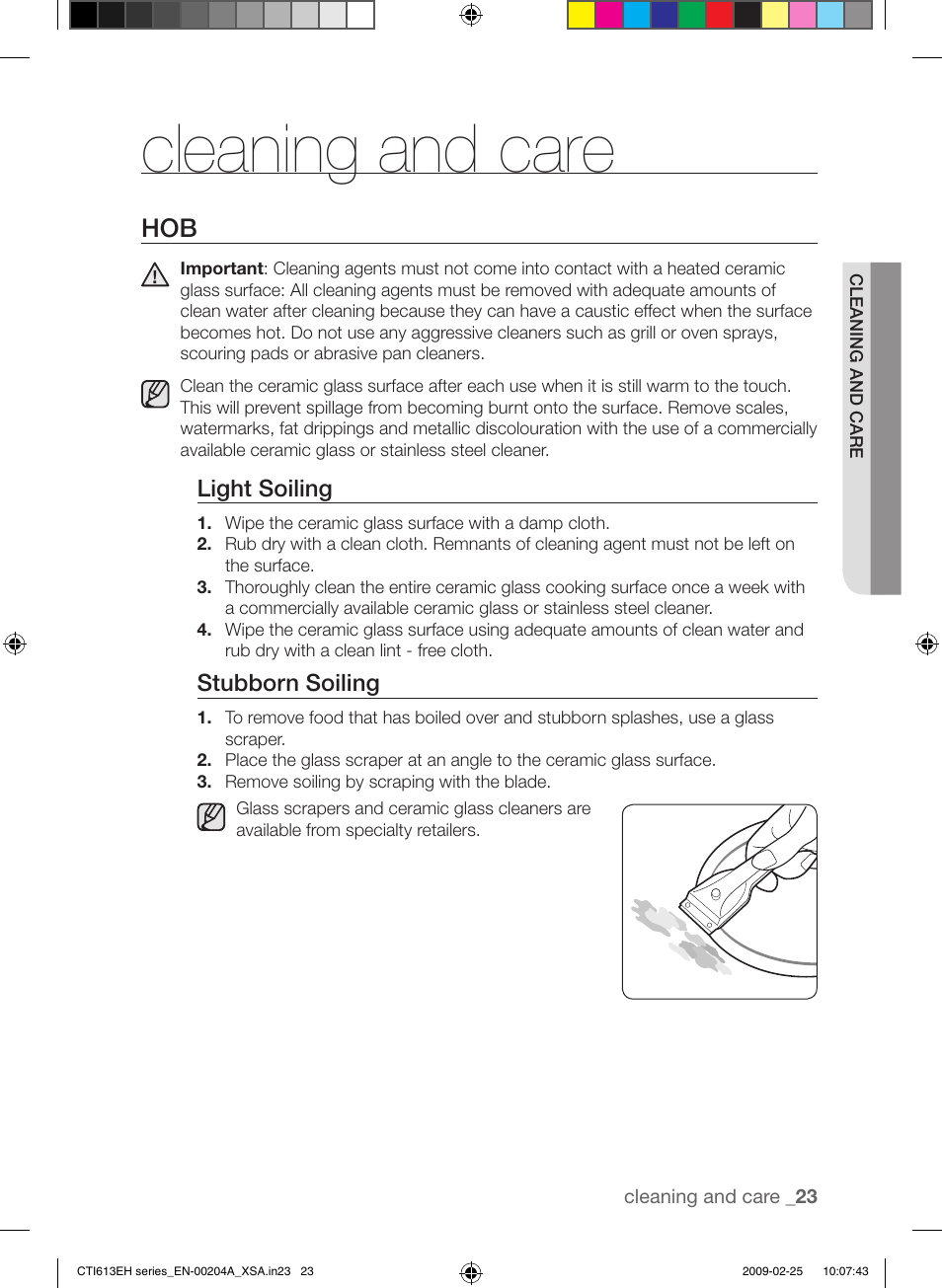 Cleaning and care, Light soiling, Stubborn soiling | Samsung CTI613EH User Manual | Page 23 / 28