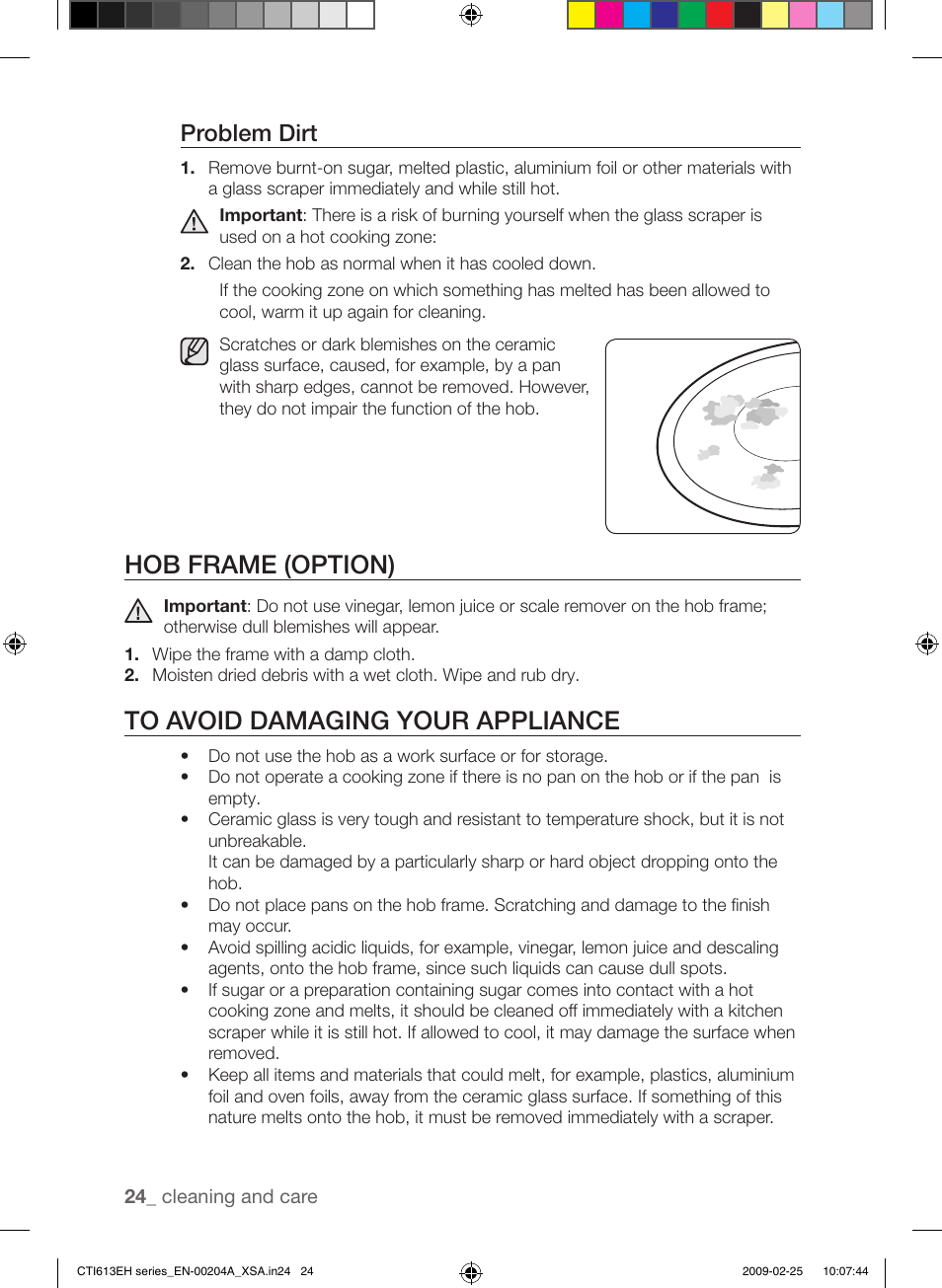 Hob frame (option), Problem dirt | Samsung CTI613EH User Manual | Page 24 / 28