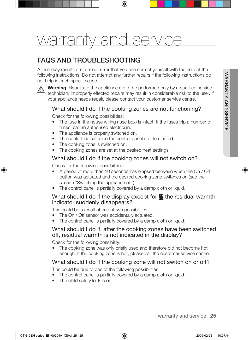 Warranty and service, Faqs and troubleshooting | Samsung CTI613EH User Manual | Page 25 / 28