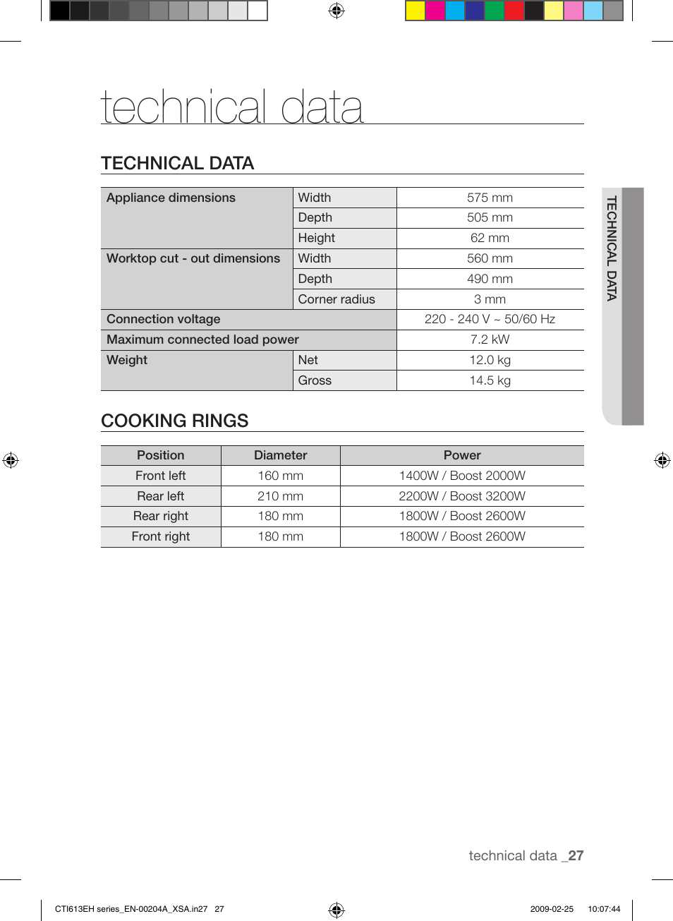 Technical data, Cooking rings | Samsung CTI613EH User Manual | Page 27 / 28