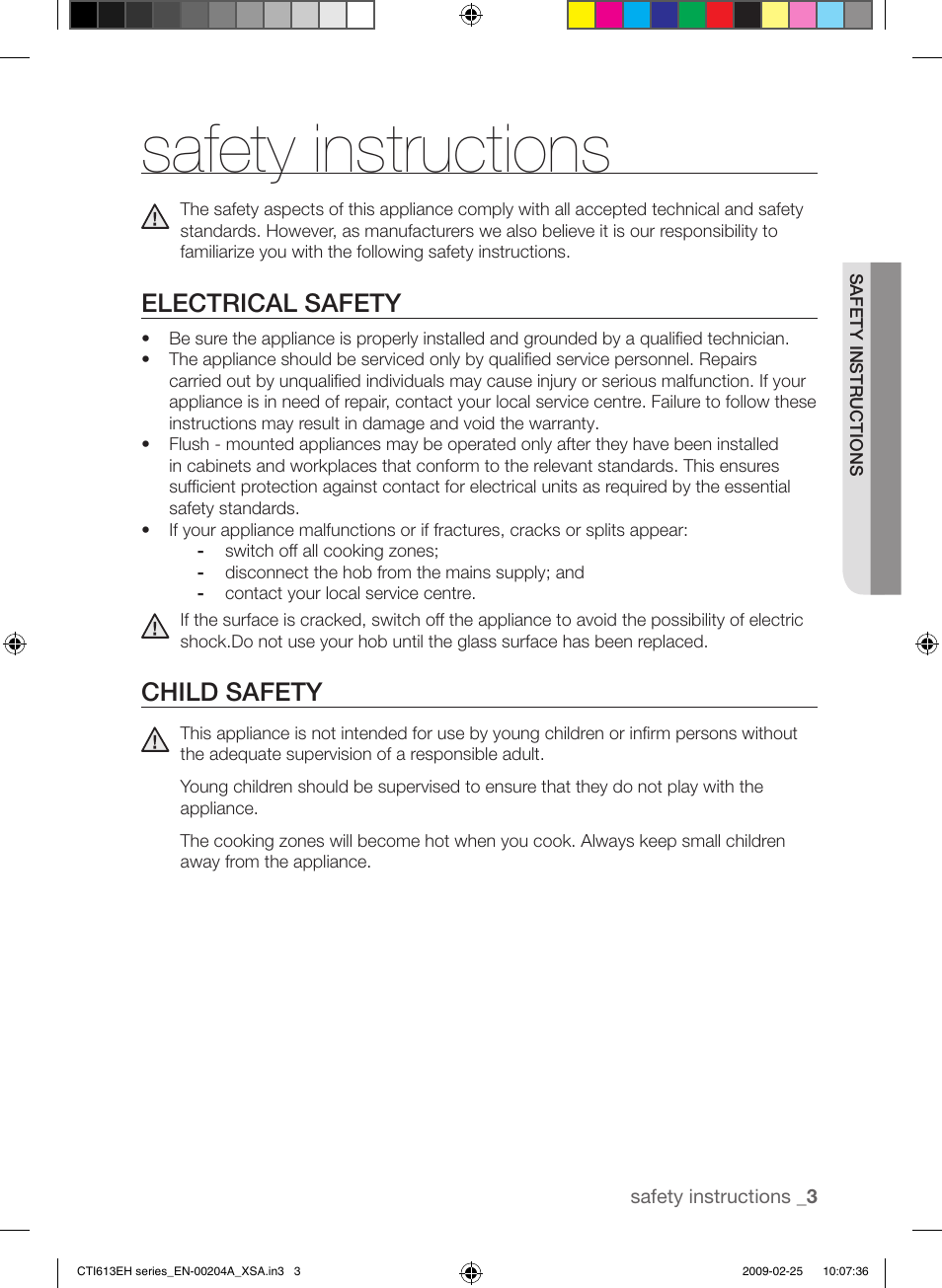 Safety instructions, Electrical safety, Child safety | Samsung CTI613EH User Manual | Page 3 / 28