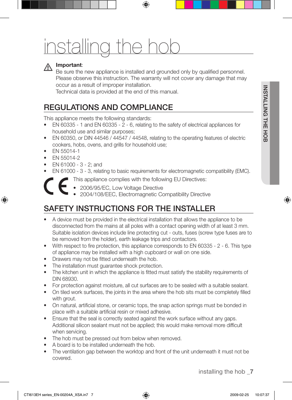 Installing the hob, Regulations and compliance, Safety instructions for the installer | Samsung CTI613EH User Manual | Page 7 / 28