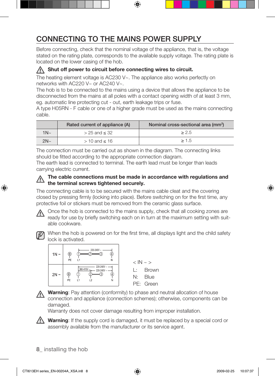 Connecting to the mains power supply, Installing the hob | Samsung CTI613EH User Manual | Page 8 / 28