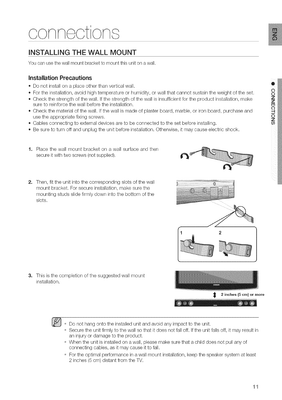 Connections, Installing the wall mount, Installation precautions | Samsung HW-C450 User Manual | Page 11 / 21