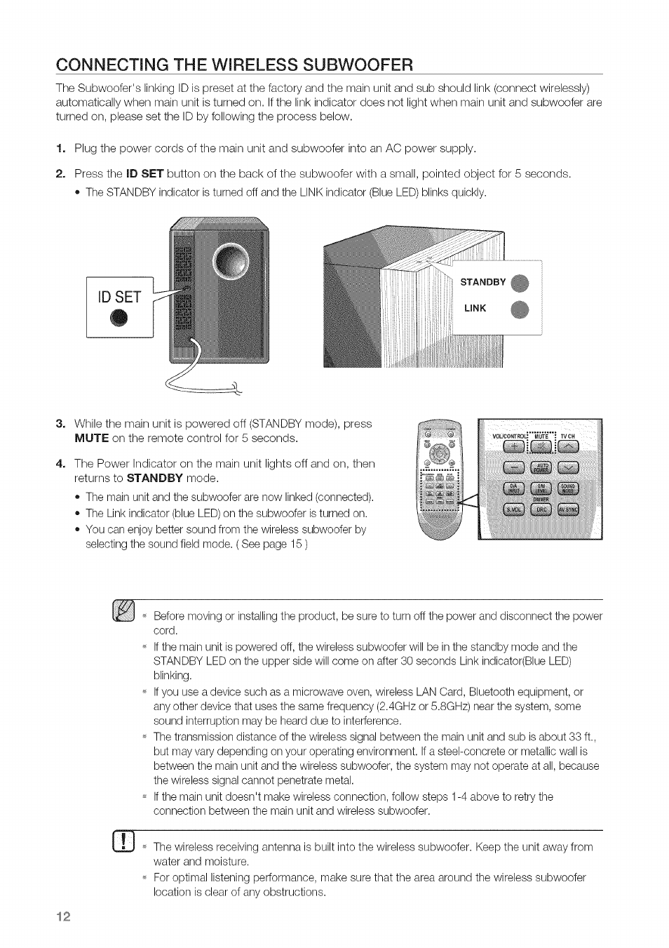 Connecting the wireless subwoofer | Samsung HW-C450 User Manual | Page 12 / 21