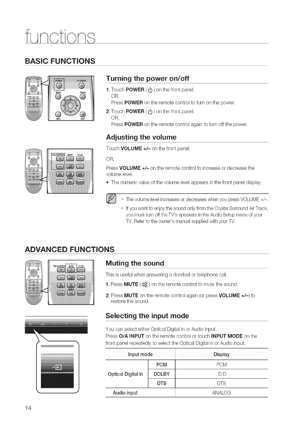 I inntlonr, Turning the power on/off, Adjusting the volume | Muting the sound, Selecting the input mode, I....i | Samsung HW-C450 User Manual | Page 14 / 21