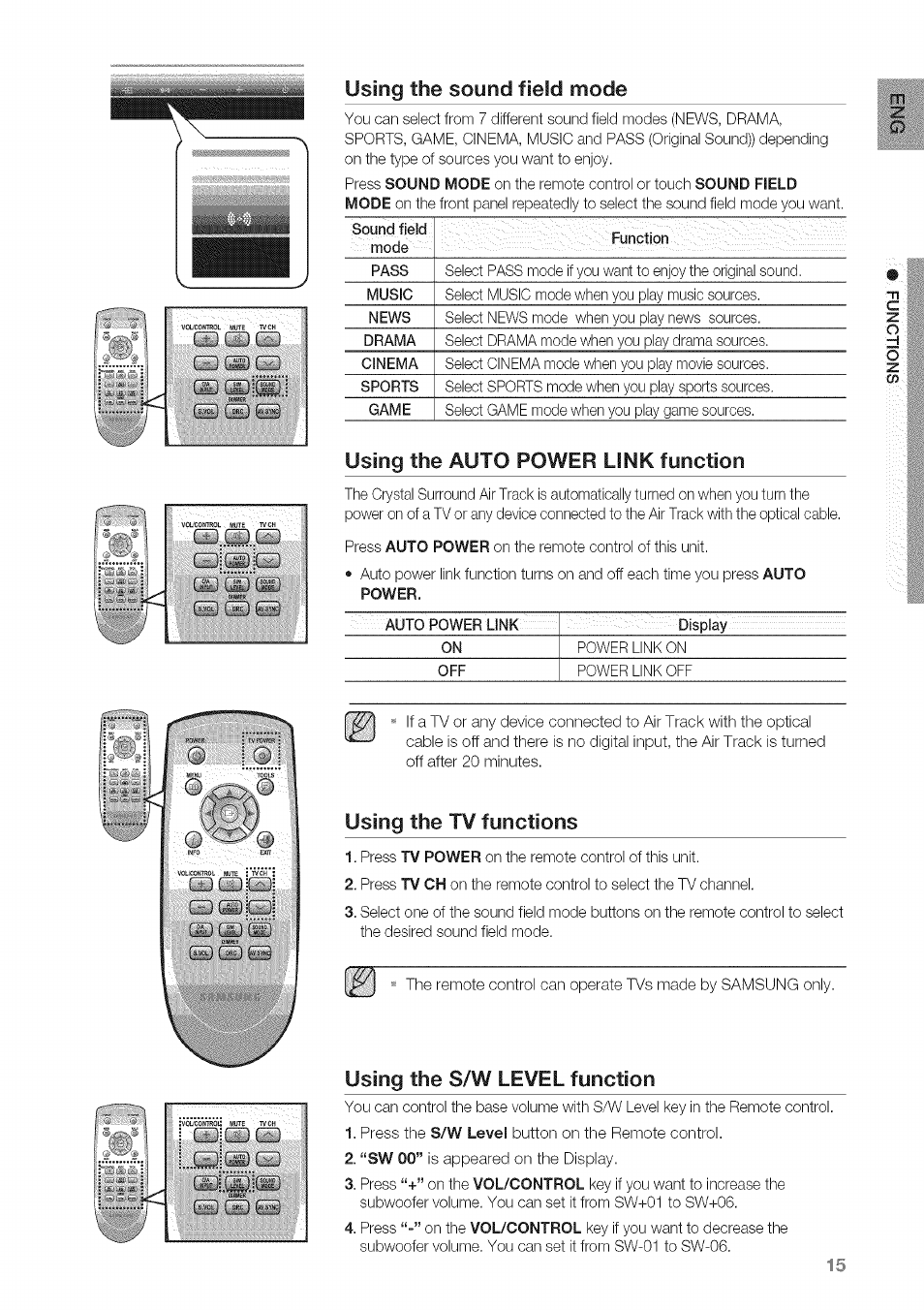 Using the sound field mode, Using the auto power link function, Using the tv functions | Using the s/w level function, Gid (e | Samsung HW-C450 User Manual | Page 15 / 21