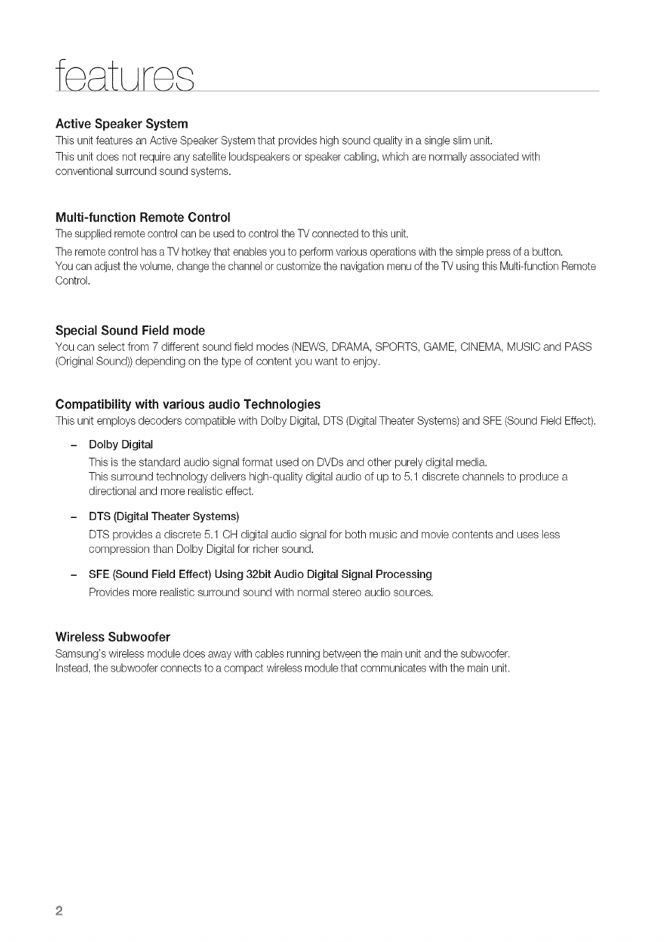 Active speaker system, Multi-function remote control, Special sound field mode | Compatibility with various audio technologies, Wireless subwoofer | Samsung HW-C450 User Manual | Page 2 / 21