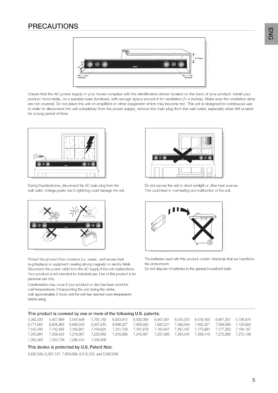 Precautions, This device is protected by u.s. patent nos | Samsung HW-C450 User Manual | Page 5 / 21