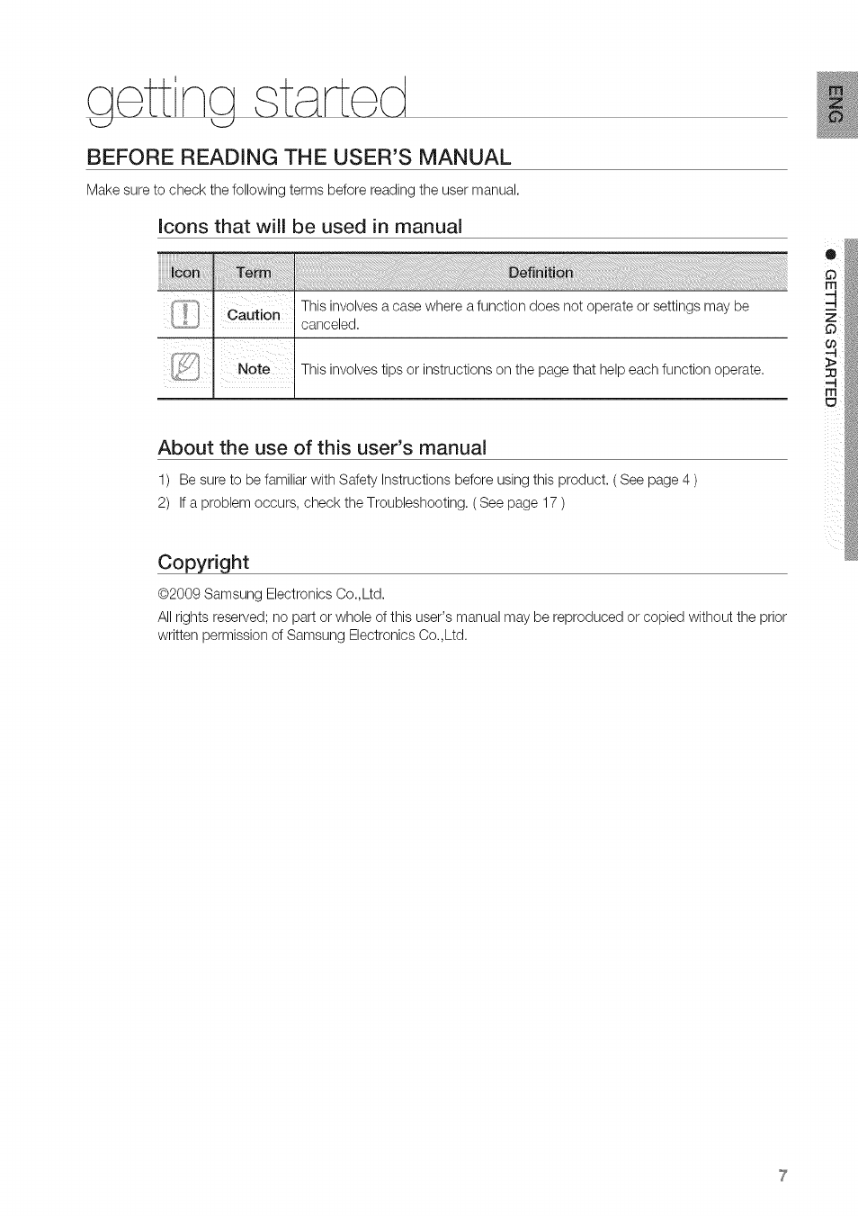 Gfìttina rtrrtfìd, Before reading the user’s manual, Icons that will be used in manual | About the use of this user’s manual, Copyright | Samsung HW-C450 User Manual | Page 7 / 21