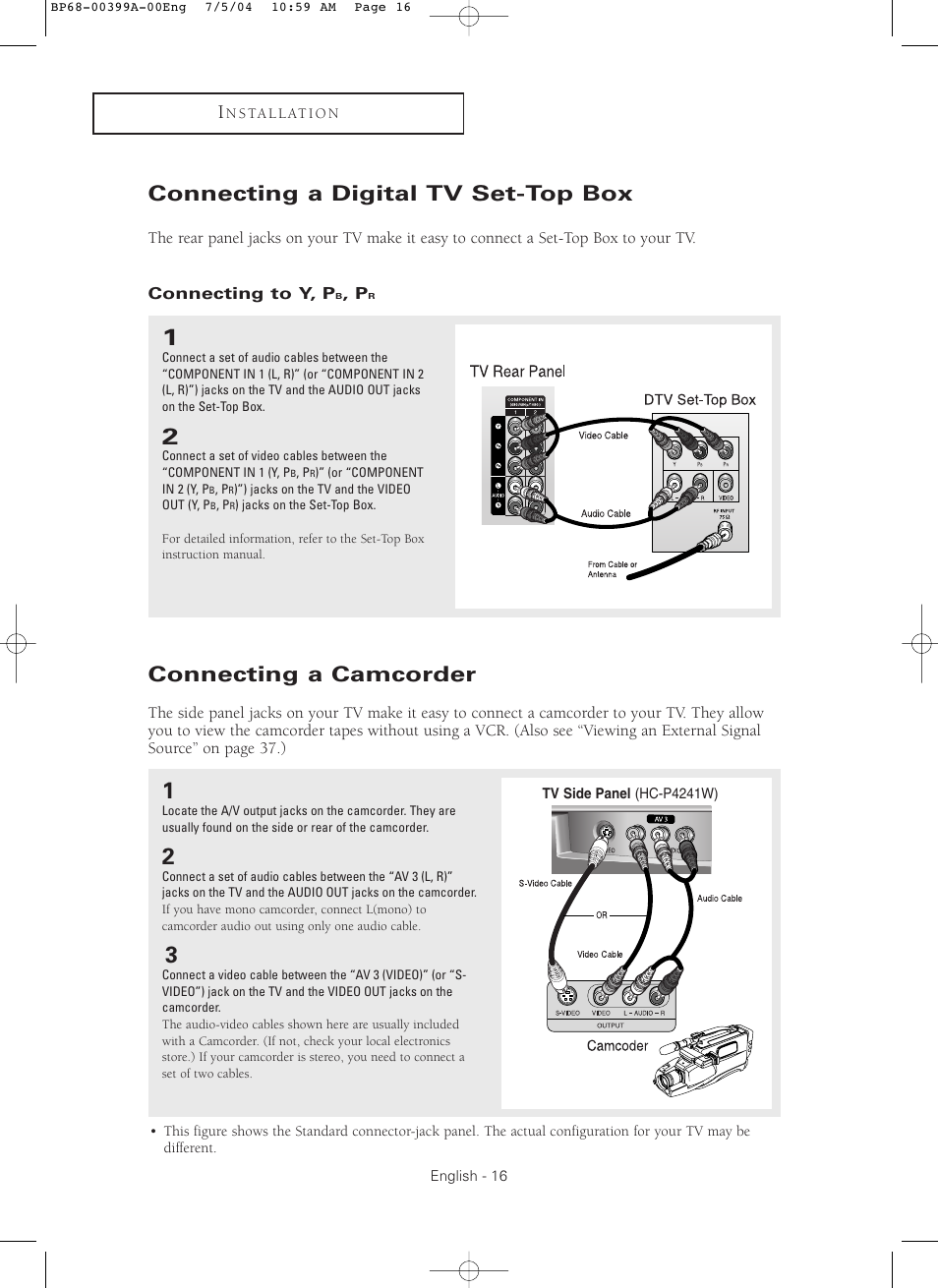 Connecting a digital tv set-top box, Connecting a camcorder | Samsung HC P4241W User Manual | Page 16 / 59