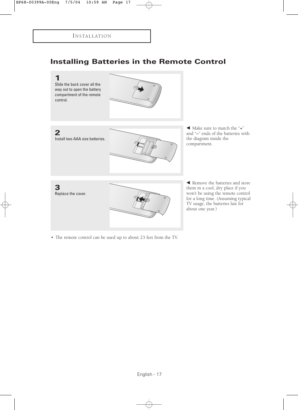 Installing batteries in the remote control | Samsung HC P4241W User Manual | Page 17 / 59