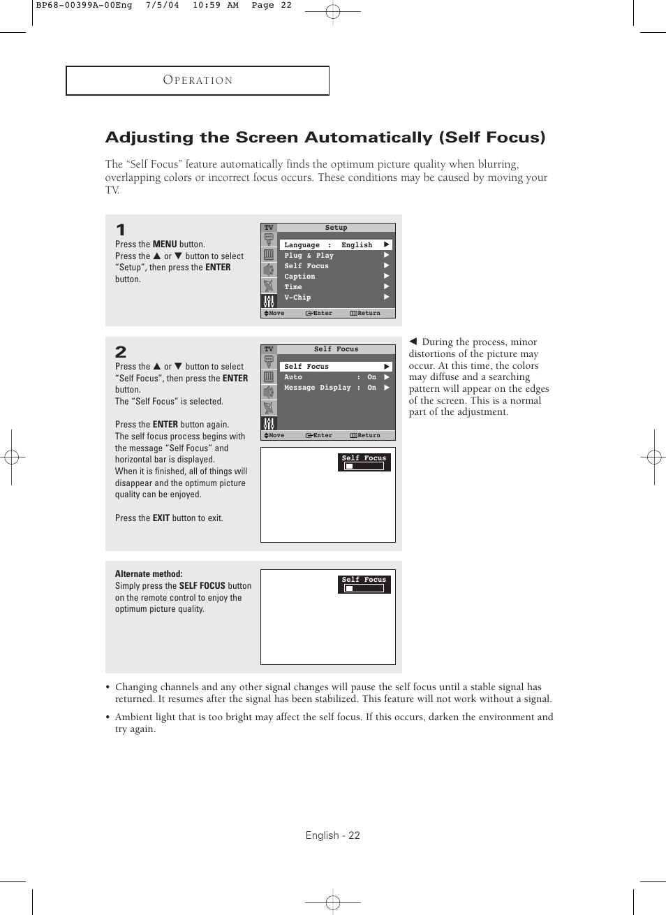 Adjusting the screen automatically (self focus) | Samsung HC P4241W User Manual | Page 22 / 59