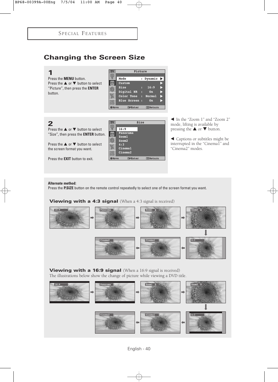 Changing the screen size | Samsung HC P4241W User Manual | Page 40 / 59