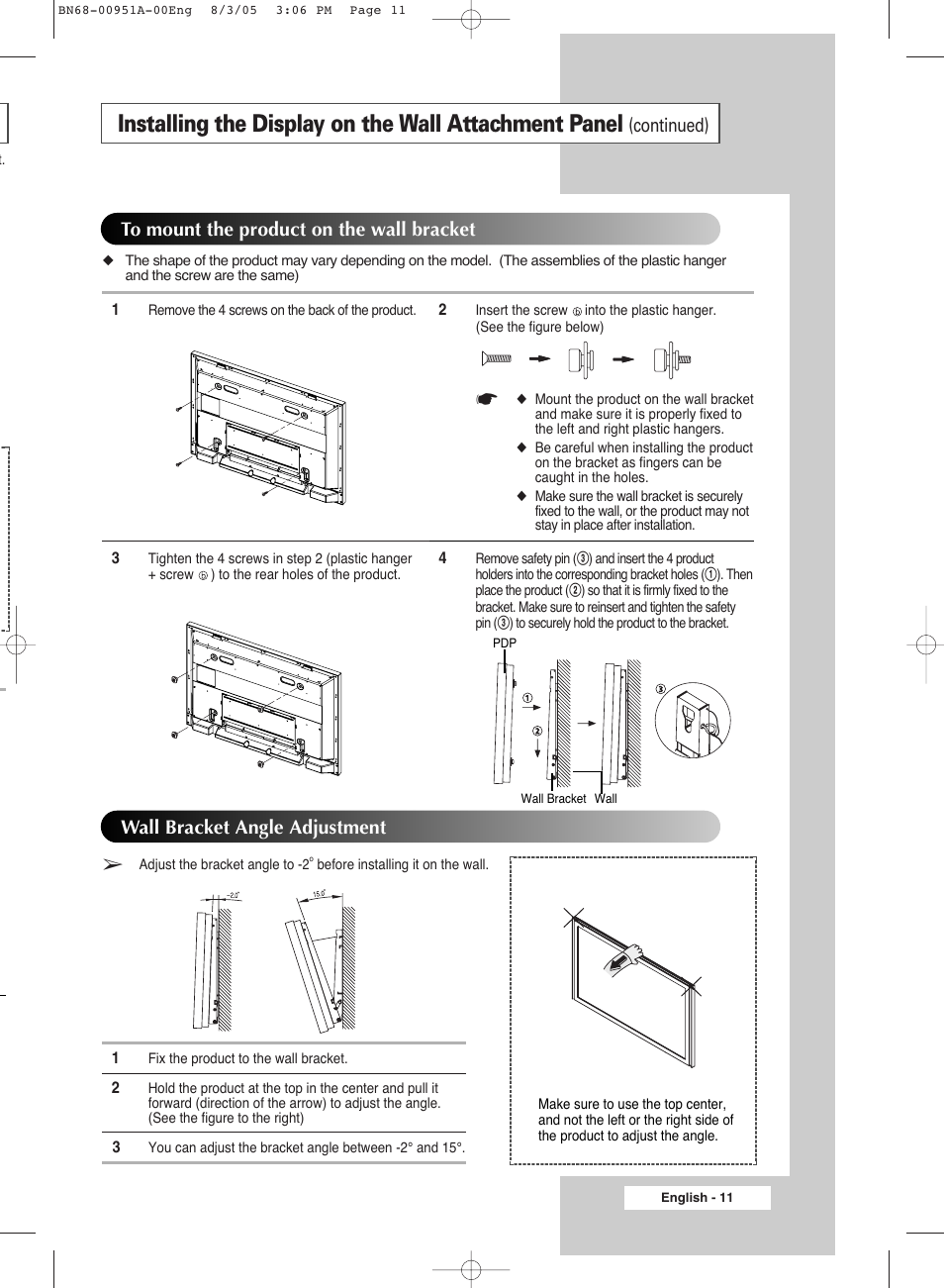 Continued), Wall bracket angle adjustment | Samsung BN68-00951A-00 User Manual | Page 11 / 68