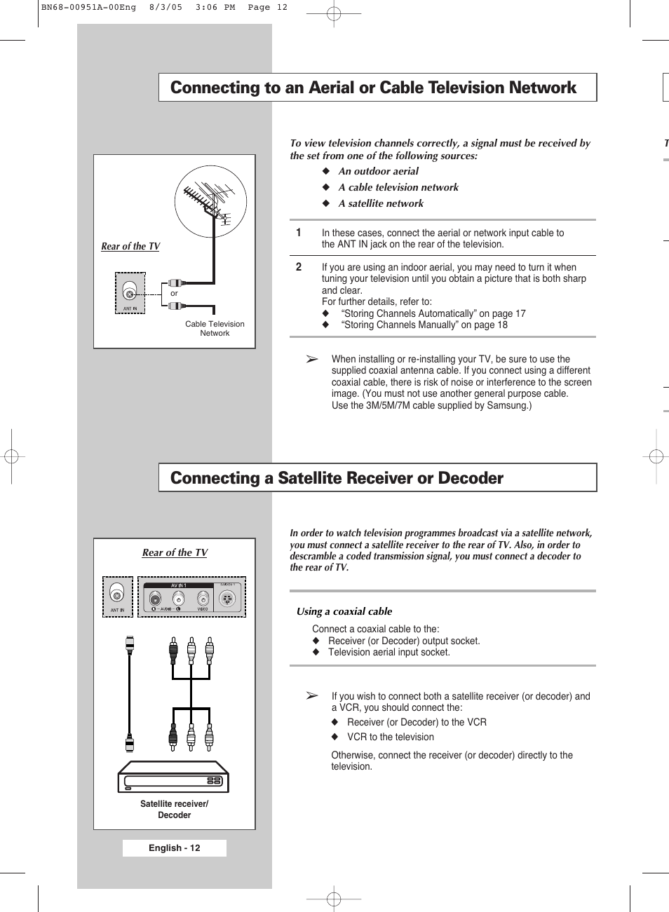 Connecting a satellite receiver or decoder | Samsung BN68-00951A-00 User Manual | Page 12 / 68