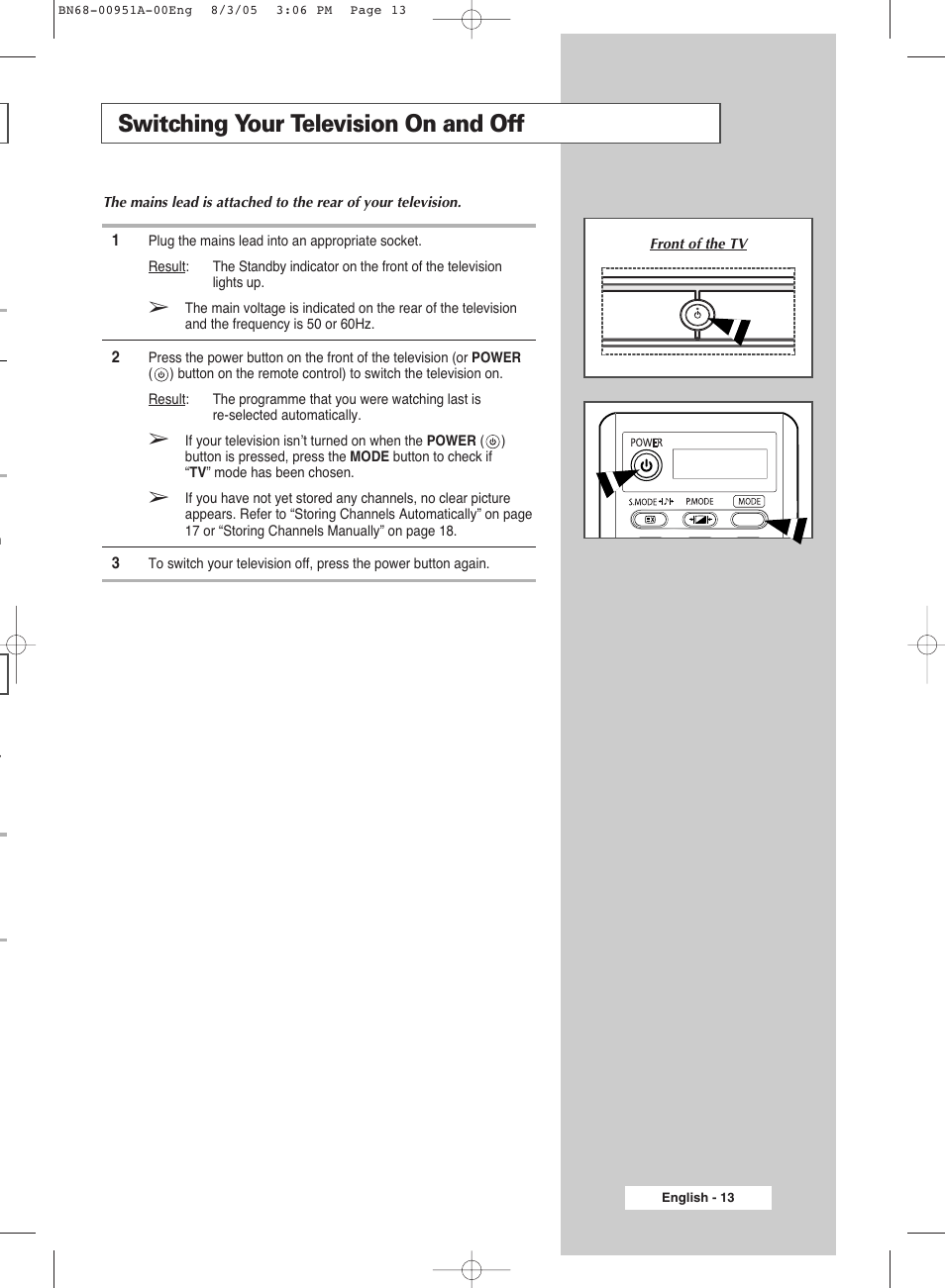 Switching your television on and off | Samsung BN68-00951A-00 User Manual | Page 13 / 68