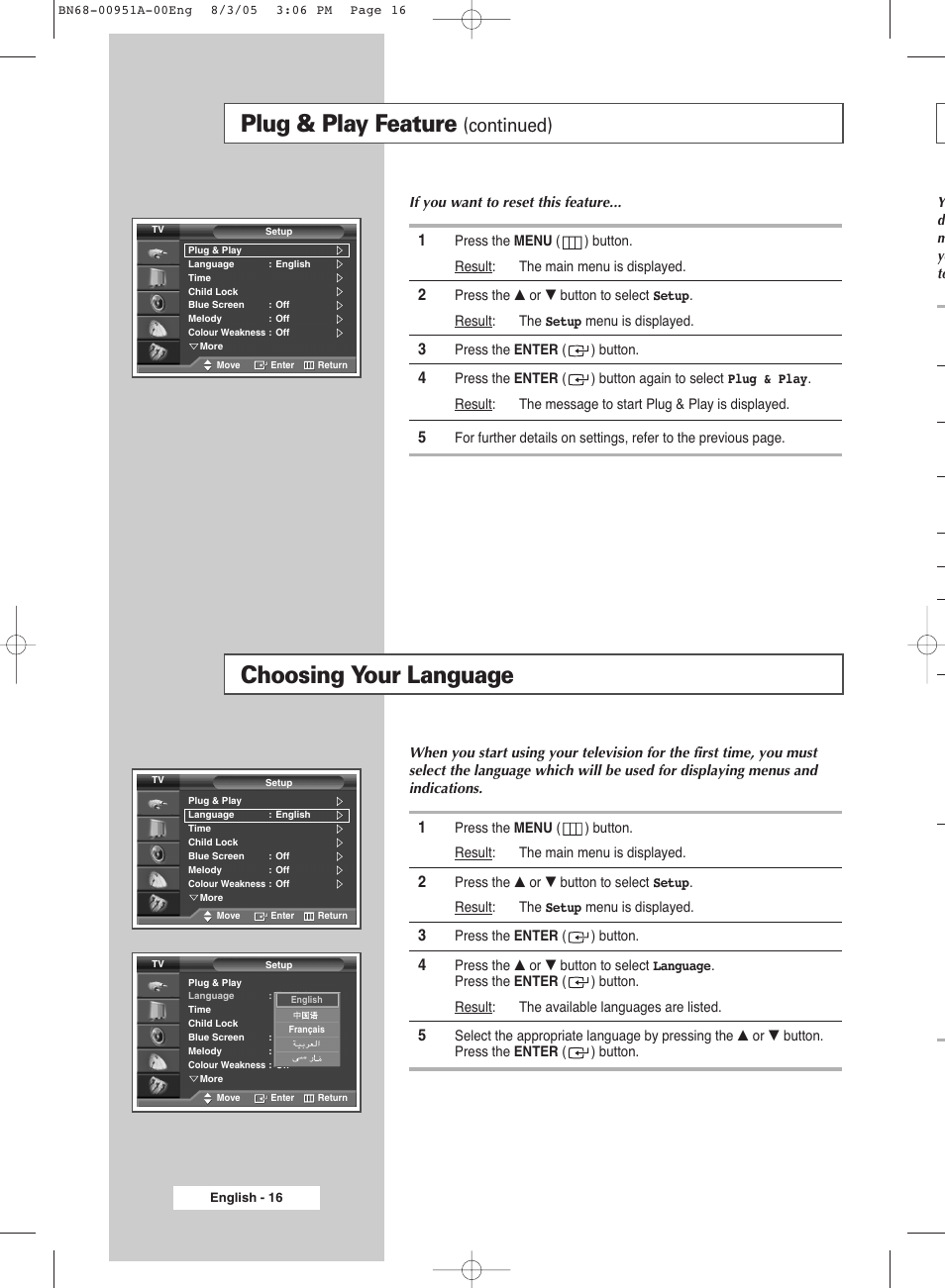 Choosing your language, Plug & play feature, Continued) | Samsung BN68-00951A-00 User Manual | Page 16 / 68