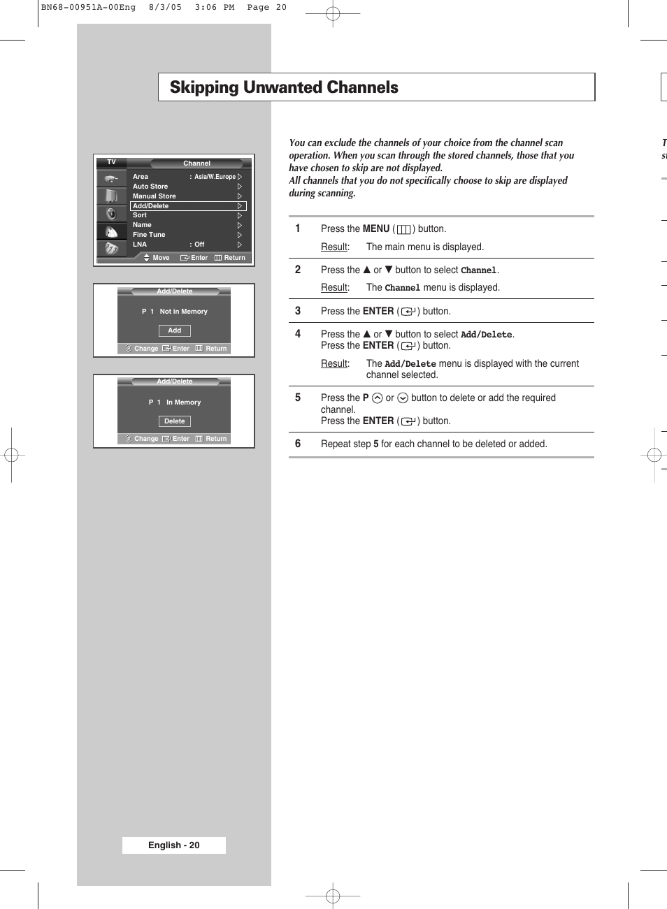 Skipping unwanted channels | Samsung BN68-00951A-00 User Manual | Page 20 / 68