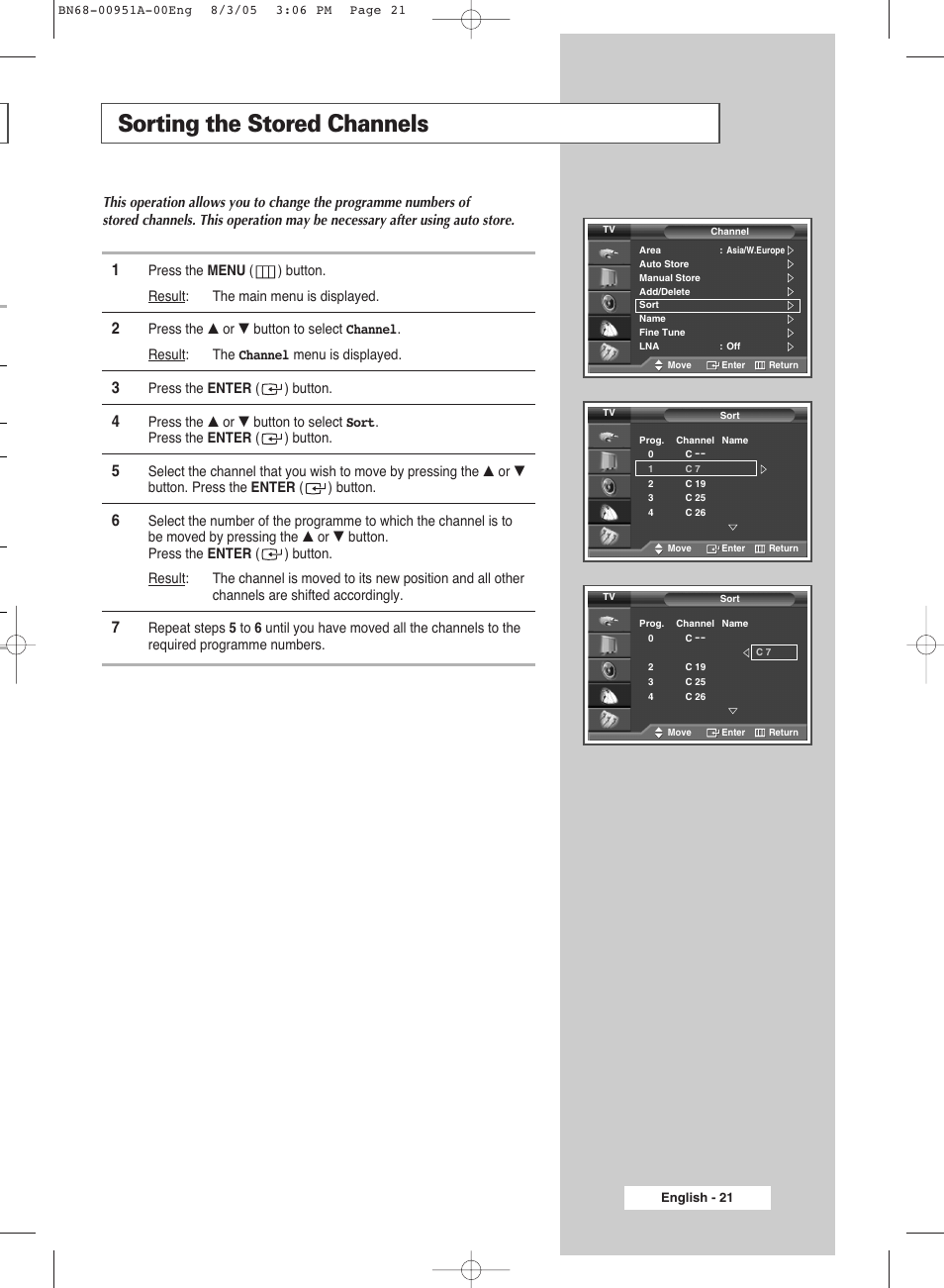 Sorting the stored channels | Samsung BN68-00951A-00 User Manual | Page 21 / 68