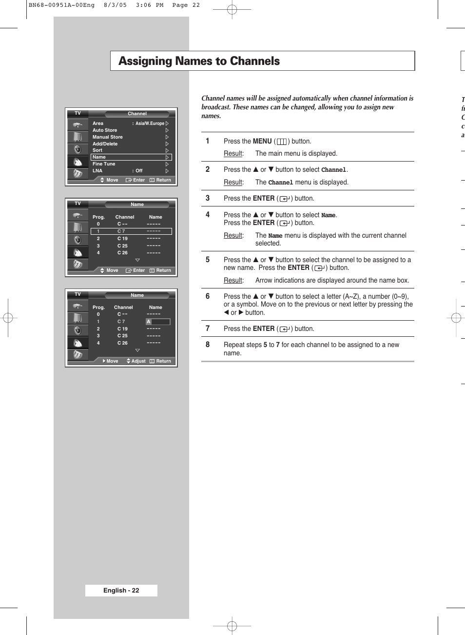 Assigning names to channels | Samsung BN68-00951A-00 User Manual | Page 22 / 68