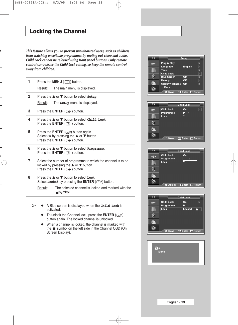 Locking the channel | Samsung BN68-00951A-00 User Manual | Page 23 / 68